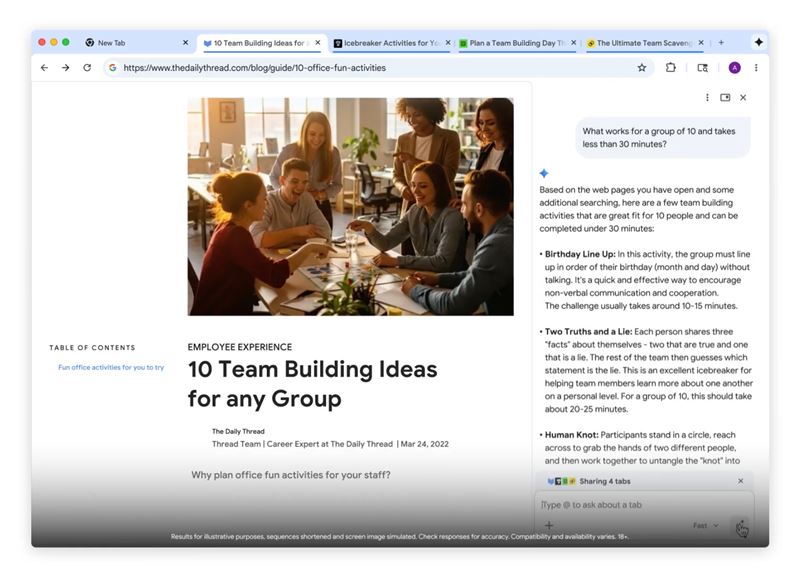 Chrome中的Gemini能夠跨越多個開啟的分頁進行交叉比對，並將資訊統整在同一個畫面中。（圖／Google提供）