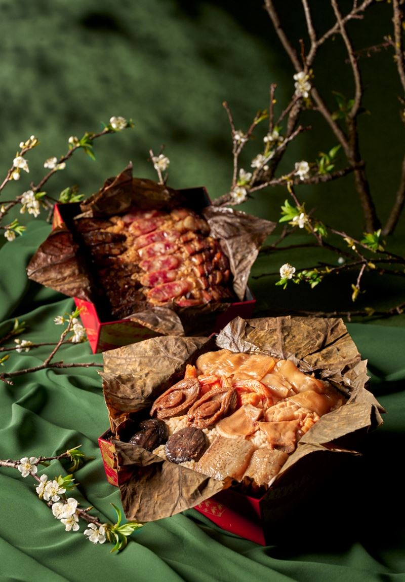 台北美福「九五至尊粽」，集結海味珍品與臘味三寶，以質感雙層容器盛裝，每組6,888元。（圖／飯店旅宿業者提供）