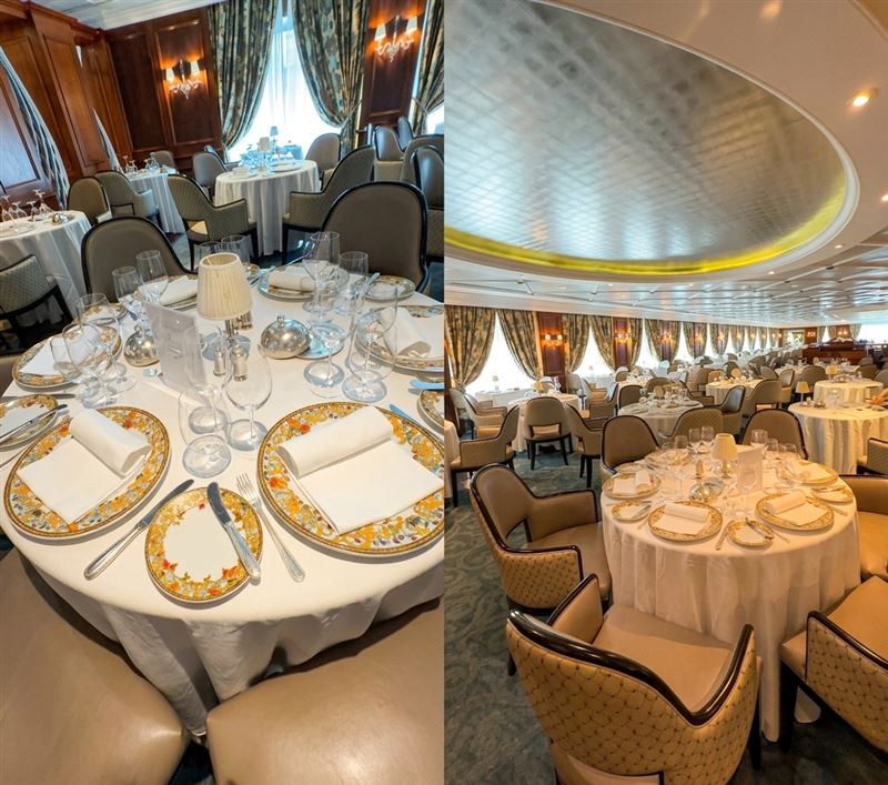 「憲章號」船上豪華寬大的餐廳，餐盤採用義大利時尚品牌凡賽斯。（組合圖／記者蕭翰弦攝影）