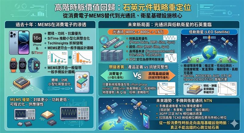 石英元件產業真正的主線，正在從「一般消費性時脈」走向「高階基礎設施時脈」。前者看的是小、便宜、好整合，MEMS一路擴張沒有問題；後者看的是高頻、低jitter、低phase noise、耐環境、可認證，石英的地位反而在未來幾年重新升高。（圖／翻攝萬鈞法人視野粉專）