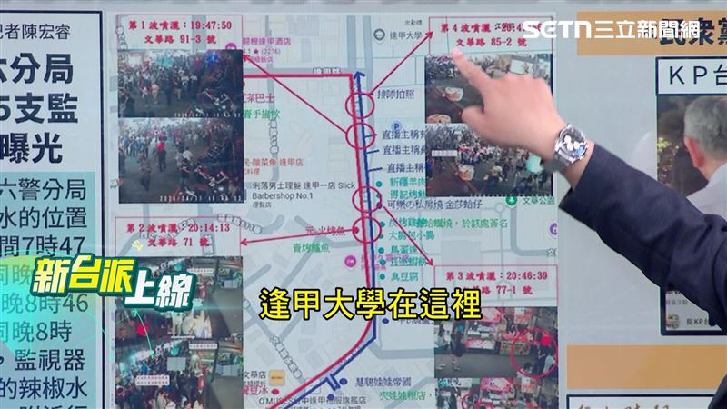 王義川指出當天柯文哲一行人行經的路線，紅圈處為分局長噴灑辣椒水處。（圖／新台派上線）