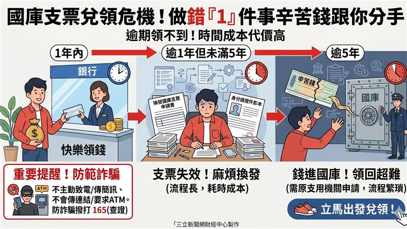 財政部提醒，國庫支票逾1年即失效，需申請換發；逾5年則直接解繳國庫，欲領回需經繁雜行政程序。呼籲民眾儘速兌領，並防範假冒國庫署名義的ATM操作詐騙。（AI製圖）