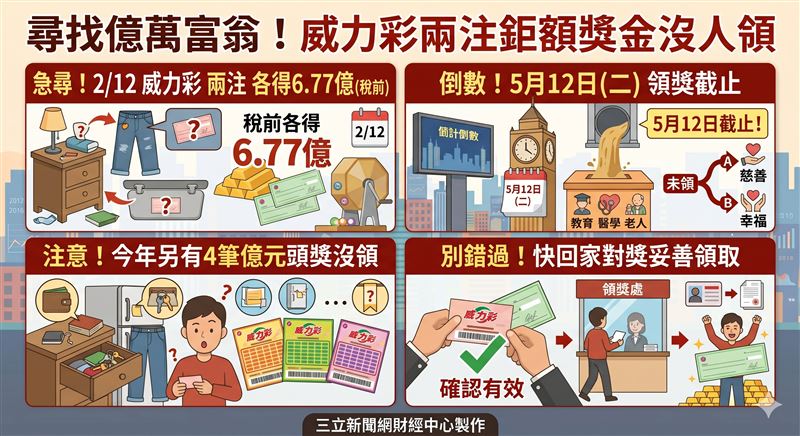 今年2/12威力彩13.5億頭獎兩注均分，每注稅前6.77億至今仍無人領取。領獎期限至5/12截止，若逾期充公將創下史上最高逾期領獎紀錄。此外今年另有4筆億元頭獎待兌。（AI製圖）