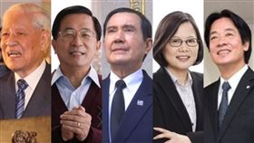台灣歷任民選總統：李登輝（左起）、陳水扁、馬英九、蔡英文、賴清德。（合成圖／翻攝自李登輝、陳致中、馬英九、蔡英文臉書、資料照）