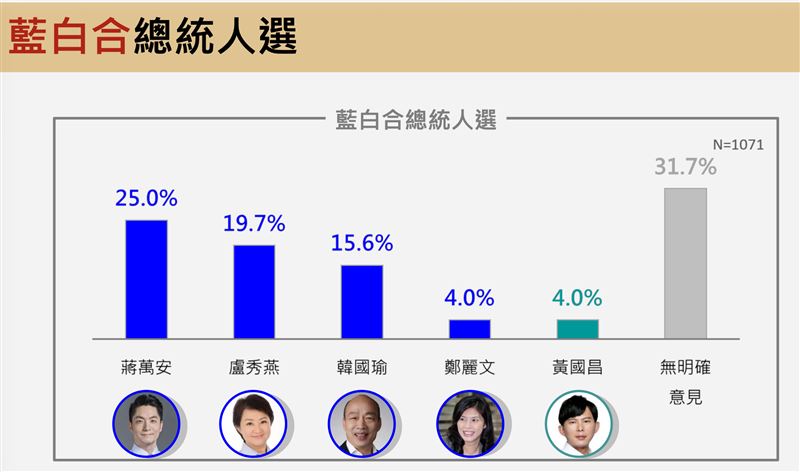 25%受訪者認同蔣萬安代表藍白選總統、19.7%認同盧秀燕、15.6%支持韓國瑜，鄭麗文、黃國昌各有4%支持度。（圖／震傳媒提供）