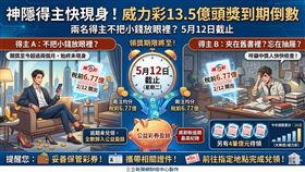 今年2/12威力彩13.5億頭獎兩注均分，每注稅前6.77億至今仍無人領取。領獎期限至5/12截止，若逾期充公將創下史上最高逾期領獎紀錄。此外今年另有4筆億元頭獎待兌。（AI製圖）
