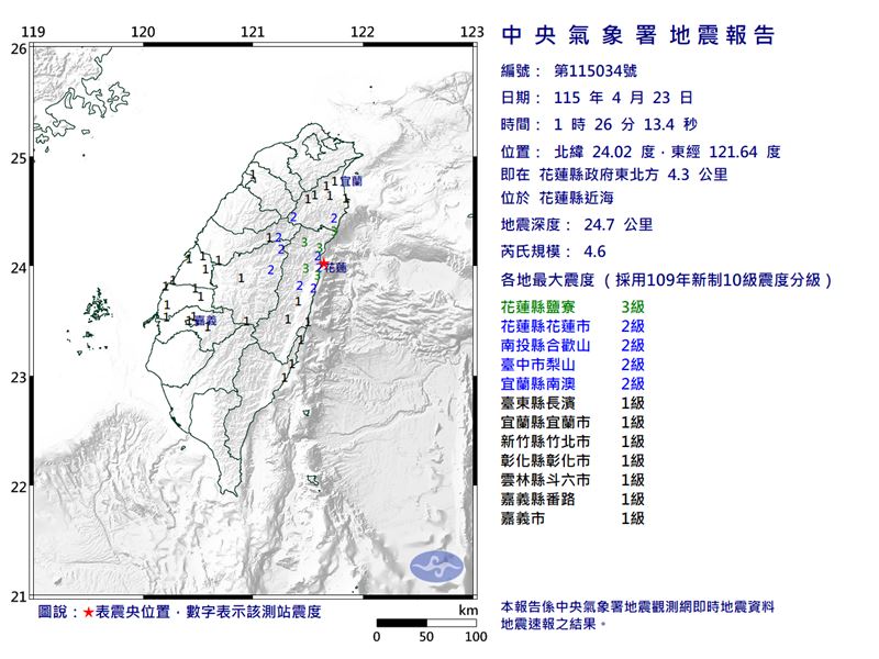 花蓮規模4.6地震，最大震度3級、10縣市有感。（圖／翻攝自中央氣象署官網）