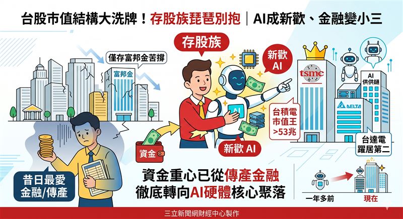 台股市值結構大洗牌！一年多來AI供應鏈全面攻占榜單，台積電市值飆破53兆，台達電更躍居第二。昔日金融巨頭紛紛退位，僅存富邦金苦撐，顯示資金重心已從傳產金融徹底轉向AI硬體核心聚落。（AI製圖）