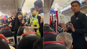 中國女子大鬧飛機，男空服員以穩定的語氣與專業的協調動作穩住局勢，如今他的真實背景也曝光了。（圖／翻攝自Threads）

