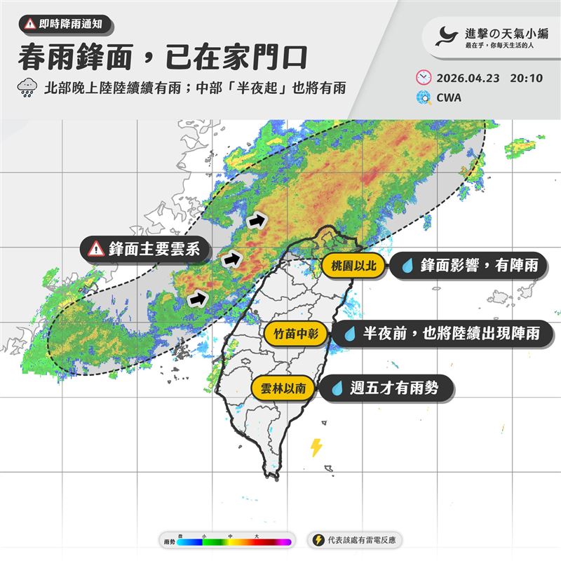 雲林以南、澎湖、東部週五凌晨到清晨，也將陸續出現雨勢。（圖／翻攝自進擊の天氣小編）