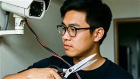 許男不滿電線桿上裝設監視器，竟持剪刀剪斷「傳輸影像」電線。（示意圖／AI製圖）