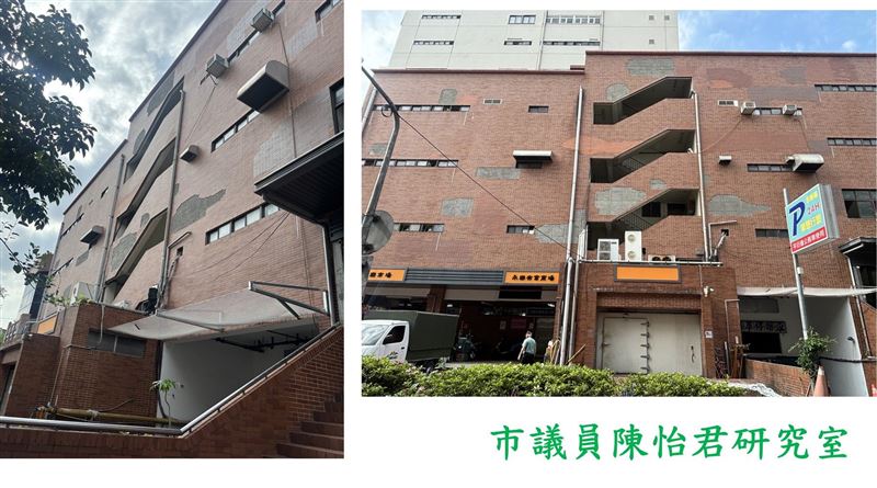 陳怡君勘查永樂市場，發現其外牆多處剝落。（圖／翻攝自陳怡君臉書）
