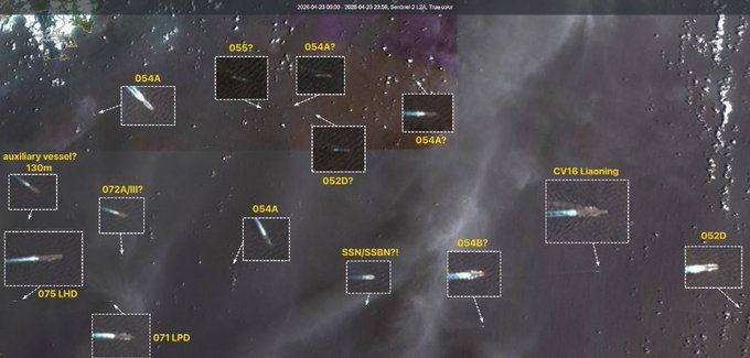 衛星照顯示，中國大量海軍艦隊在南海集結，回應美菲聯合軍演。（圖／翻攝自X平台 @dana916）