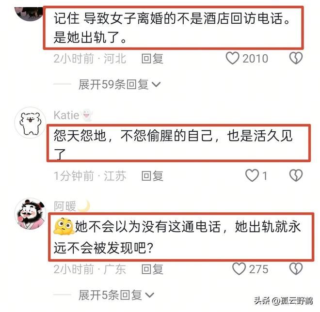 網友對董女卸責飯店不以為然，「導致離婚的不是酒店回訪電話，是她出軌了」。（圖／翻攝自微博）