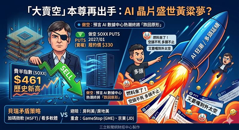 《大賣空》原型貝瑞逆勢重押，買進 2027 年到期賣權大舉做空費半，預測晶片股將暴跌三成「回原形」。雖他看多軟體股並加碼微軟，但看空 AI 硬體的行為遭網酸爆，被視為多頭續攻的「強力嘎空燃料」。（AI製圖）