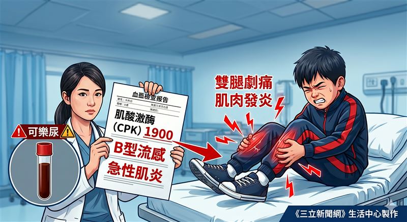 林筱琪醫師特別點出，B流「非典型症狀」盲區，正是許多家長容易忽略的；因B流部分患者會以「肌肉劇烈疼痛」或是「嘔吐、腹痛等腸胃不適」為主要表現。這類狡猾的非典型表現，極容易被家長甚至部分醫療人員誤認為是普通感冒或單純的腸胃炎，進而錯失了給予抗病毒藥物的黃金治療時機。（圖／AI生成圖）