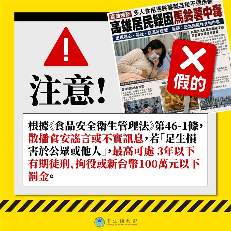 近日網路謠傳「高雄居民疑因馬鈴薯中毒」，衛福部今（27）日澄清此為假消息。（圖／衛福部提供）