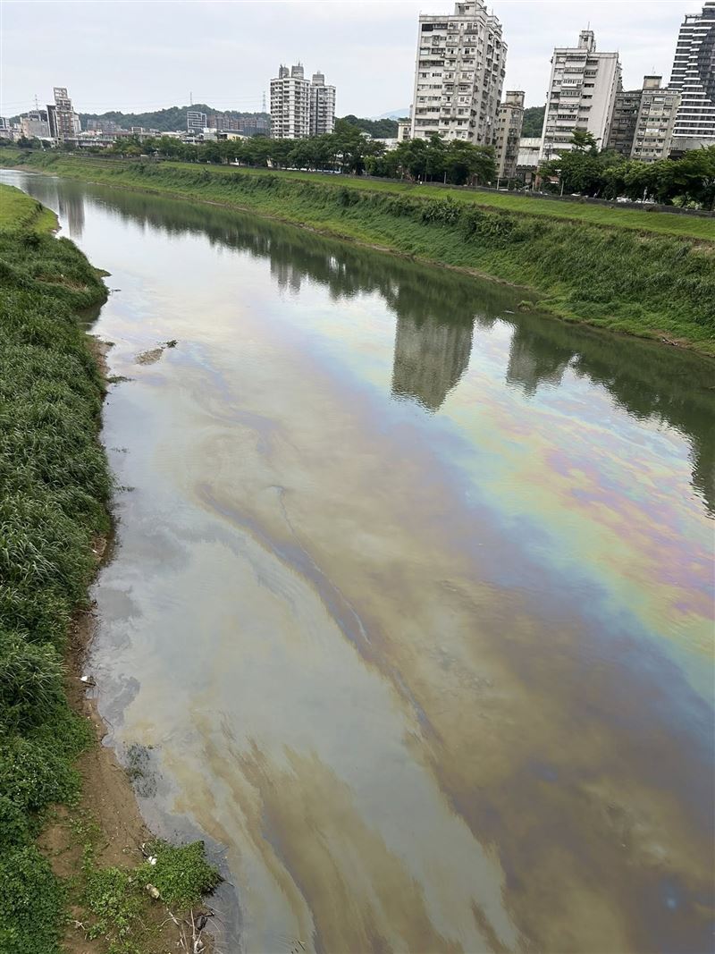 汐止星光橋周邊的基隆河水域被油汙汙染。（圖／民眾提供）
