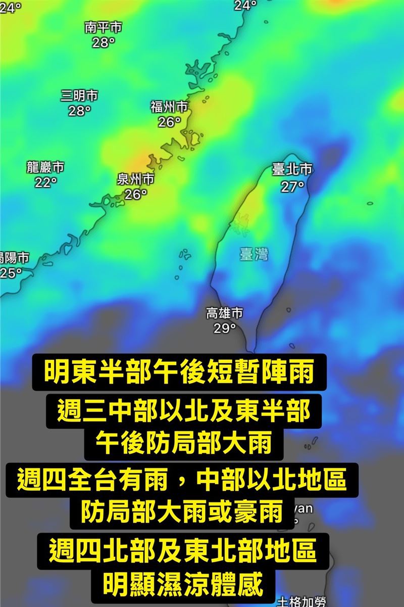 今日僅東半部及各山區午後有短暫陣雨，西半部地區大致為多雲到晴的天氣型態。（圖／翻攝自氣象報馬仔）