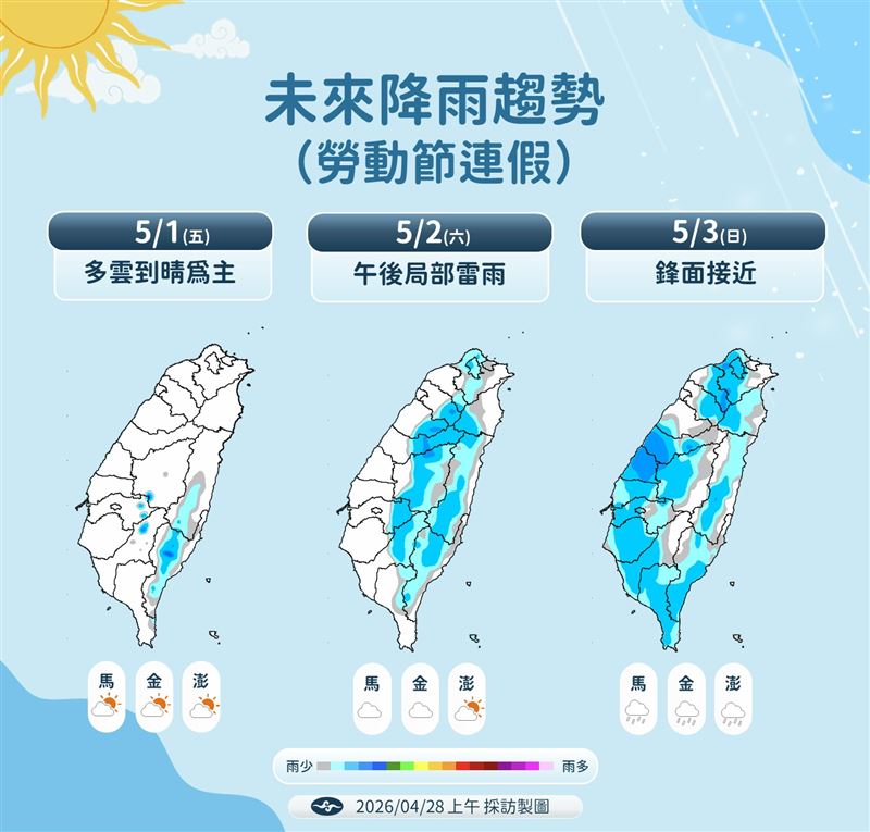 勞動連假降雨趨勢。（圖／氣象署提供）