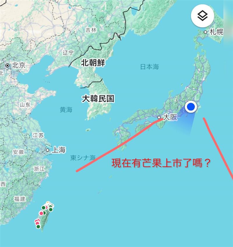 日本網友「地圖砲」方式詢問台灣芒果是否上市。（圖／翻攝自Threads @yumi_noovy）