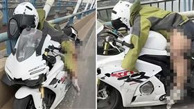 中國一位女騎士被風吹進而出車禍，雙手、腳嚴重骨折攤在車上。（圖／翻攝自微博）