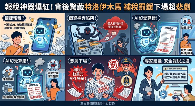 代理式AI成報稅神級外掛！專家示警三大致命地雷：餵資料恐致個資裸奔、外掛暗藏駭客投毒，且AI算錯帳罰鍰得自己吞！建議僅以AI輔助前置整理，最終申報務必回歸官方系統保平安。（AI製圖）