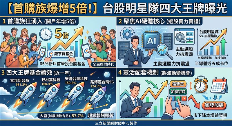 台股火熱，鉅亨買基金首購族暴增5倍，65%鎖定台股基金。「台股明星隊」四大王牌曝光，因精準卡位AI硬體供應鏈，近一年績效高達124.7%~161.3%，遠超大盤，成為投資新寵。（AI製圖）