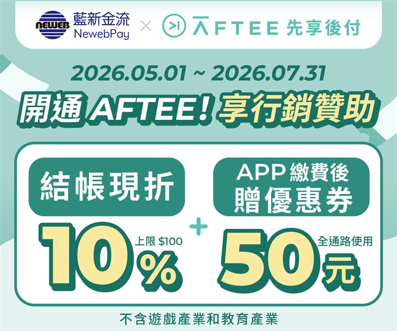 慶合作上線，藍新科技攜AFTEE先享後付舉辦10%限時回饋。（圖／藍新科技提供）