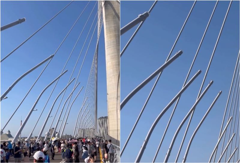 淡江大橋將於5月12日通車，有民眾發現其中一支燈柱狂晃。（圖／Threads@wengli_194網友授權提供）