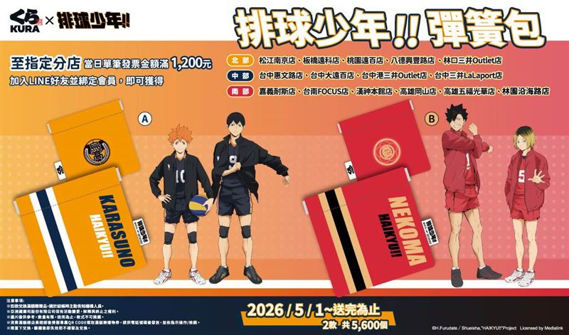 藏壽司15間限定店鋪加碼贈「排球少年!!彈簧包」。（圖／品牌業者提供）