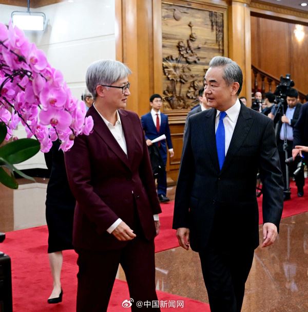 澳洲外交部長黃英賢（左）與中國外交部長王毅。（圖／翻攝自微博）