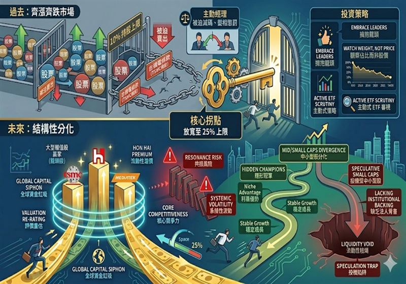 散戶當心！台灣資本市場正從「齊漲齊跌」轉向「結構性分化」的核心拐點。當資金全部往龍頭股靠攏，中小型股恐將成為最大苦主！（圖／資深分析師陳榮華提供）