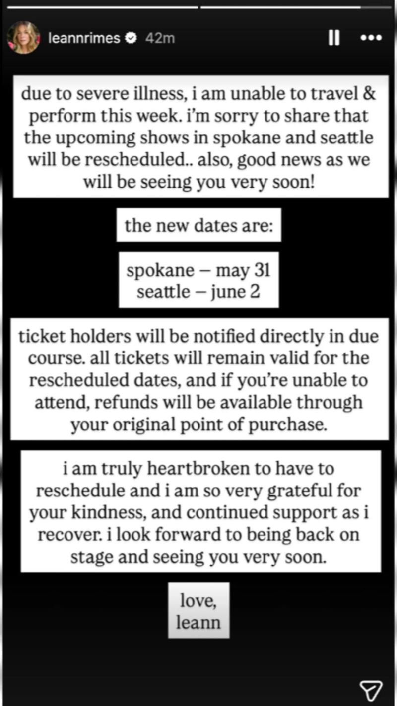 黎安&middot;萊姆絲在社群發布取消巡演及延期，並感到心碎（圖／翻攝自IG @leannrimes帳號）