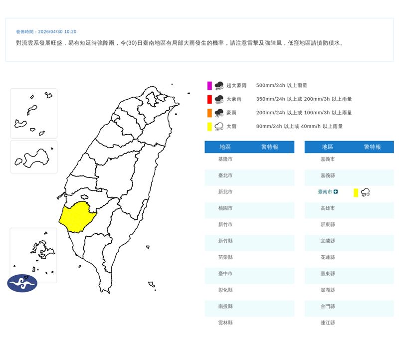 氣象署對台南市發布大雨特報。（圖／翻攝自中央氣象署）