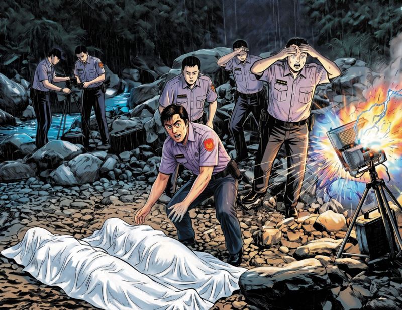 警方晚間移動母子的屍體時，探照燈突然爆掉、熄滅，令人毛骨悚然。（圖／AI繪圖FREEPIK生成，本刊美術組後製）
