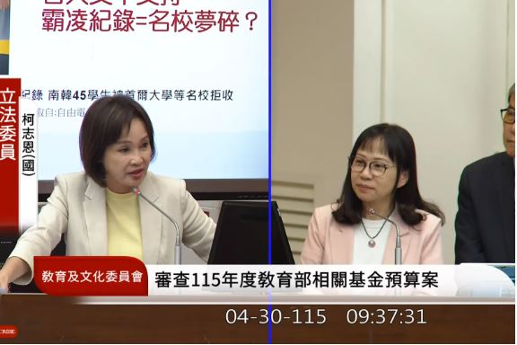 藍委柯志恩詢問台大是否會考慮類似南韓「霸凌紀錄=名校夢碎」的方案。(翻攝自國會頻道YT)