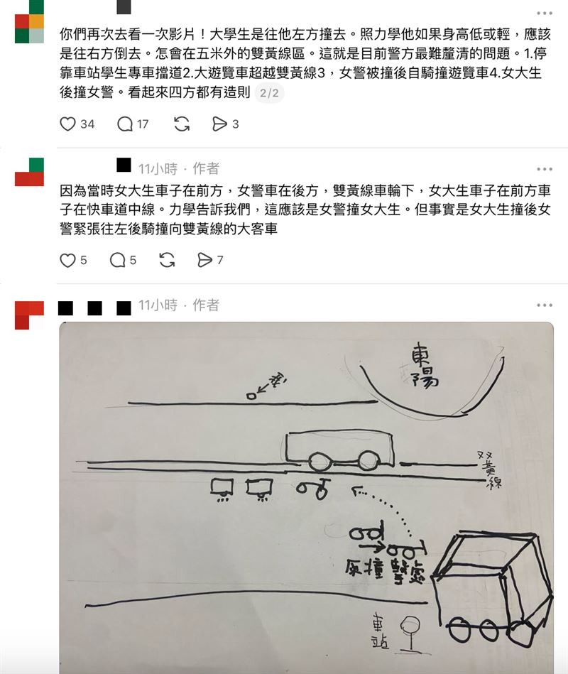 男網友稱女警是自己催油門往左側撞向大客車，進入輪下。（圖／翻攝自Threads）