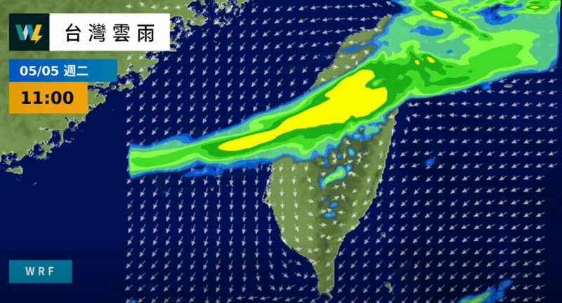 鋒面通過後的下週一到下週二，東北季風持續影響台灣。（圖／翻攝自天氣風險 WeatherRisk）