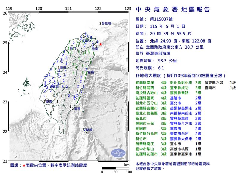 今日20時39分宜蘭發生規模6.1地震。（圖／中央氣象署）