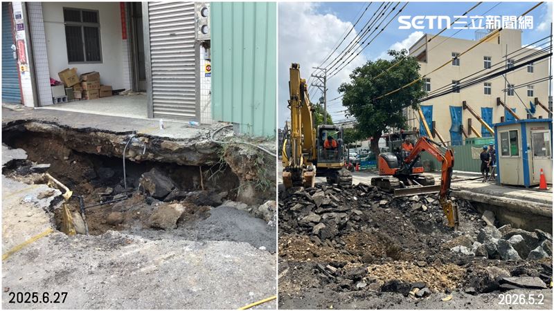 台中龍井建案去年初施工，2年內接連發生2次路面塌陷。（圖／翻攝畫面）