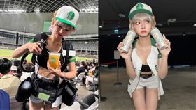 啤酒妹背20公斤的啤酒桶在看台區服務時，竟遭後方觀眾大力推擠兩下，喝斥：「我花1180元不是來看你站著的！」（圖／翻攝自栗子臉書）