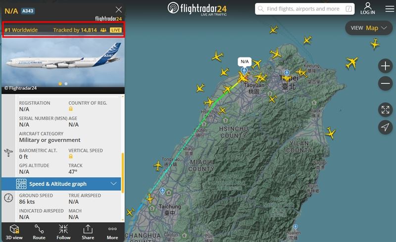 賴清德返台了，航跡圖吸引超過1.4萬人關注（圖／翻攝自flightradar24網站）