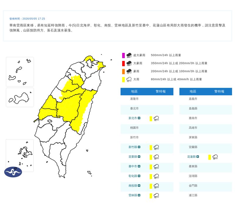 氣象署針對8縣市發布大雨特報。（圖／氣象署）