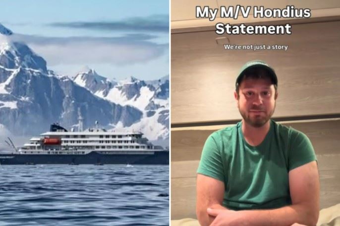 一艘荷蘭籍的極地郵輪「洪迪斯號」（MV Hondius）疑似爆發漢他病毒疫情釀3死，一名美國旅遊部落客在Instagram上傳影片淚訴近況。（翻攝自Oceanwide Expeditions官網、抖音）
