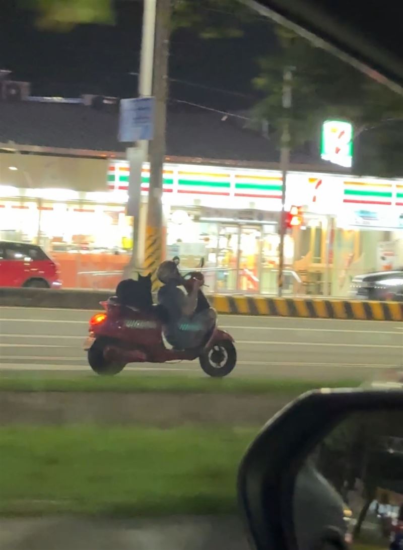 機車騎士與黑狗猶如表演特技般行駛在道路上。（圖／翻攝自Threads @93_07_05）