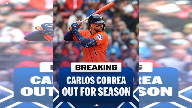 休士頓太空人隊明星內野手柯瑞亞（Carlos Correa）因左腳踝肌腱完全撕裂，必須接受手術治療，2026年球季確定提前報銷。（圖／翻攝自X平台 @MLB）