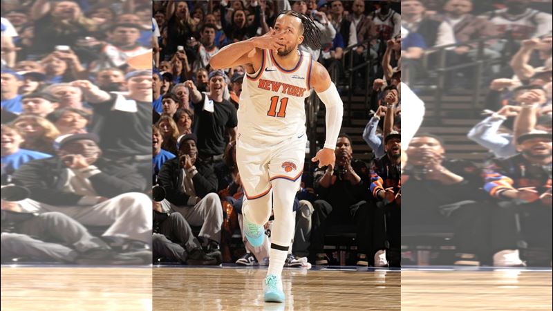 尼克隊核心布朗森（Jalen Brunson）在比賽終了前5分06秒投進關鍵2分，幫助球隊奪回領先優勢。（圖／翻攝自X平台 @nicekicks）