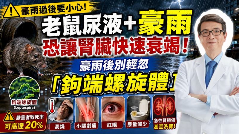 醫師洪永祥表示，下雨後容易出現鼠患問題，而老鼠尿液中可能帶有「鉤端螺旋體」，感染者恐因此腎衰竭，甚至喪命。(圖／取自洪永祥的臉書)