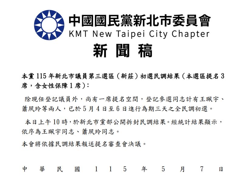 國民黨新北市黨部新聞稿（圖／國民黨新北市黨部提供）